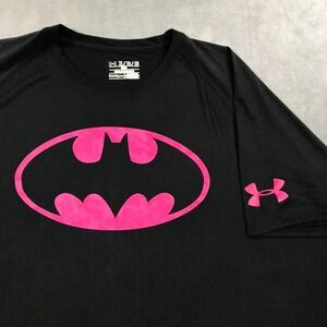 Under Armour Batman Shirt Men XL Black Pink Logo DC Comics Alter Ego Loose Fit